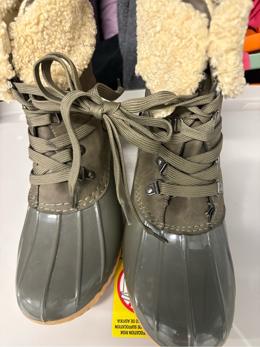 DV by Dolce Vita Olive Green Faux-Shearling Lace-Up Duck Boots